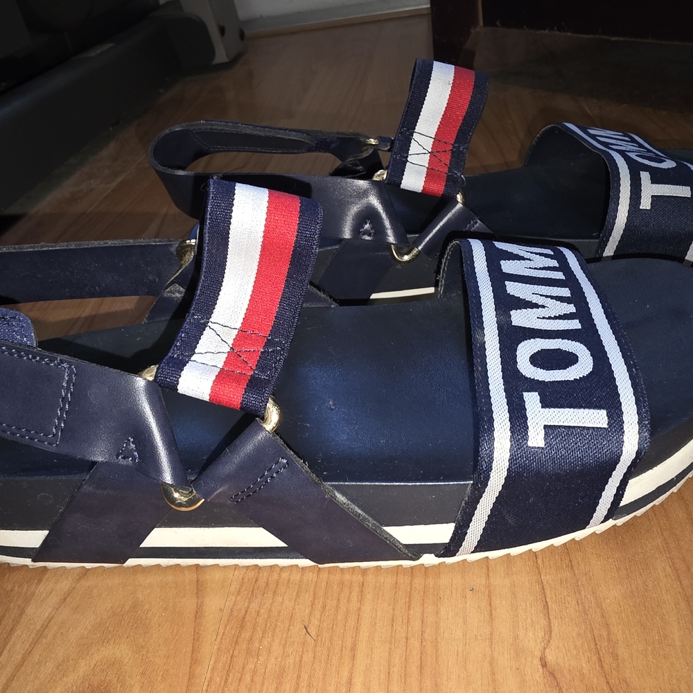 Navy Sandals with Red and White Stripes